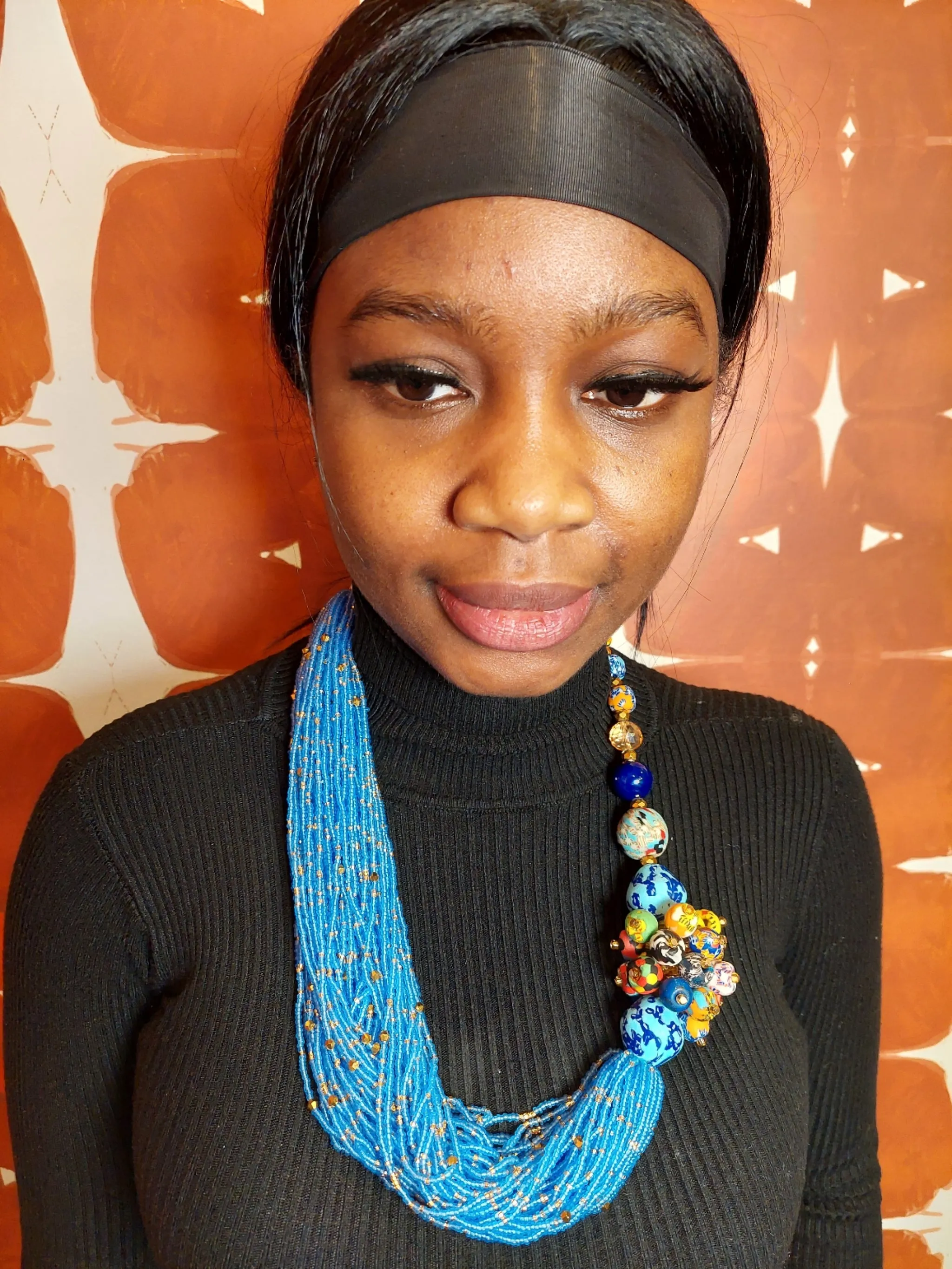 African Trade Beads Statement Blue Necklace