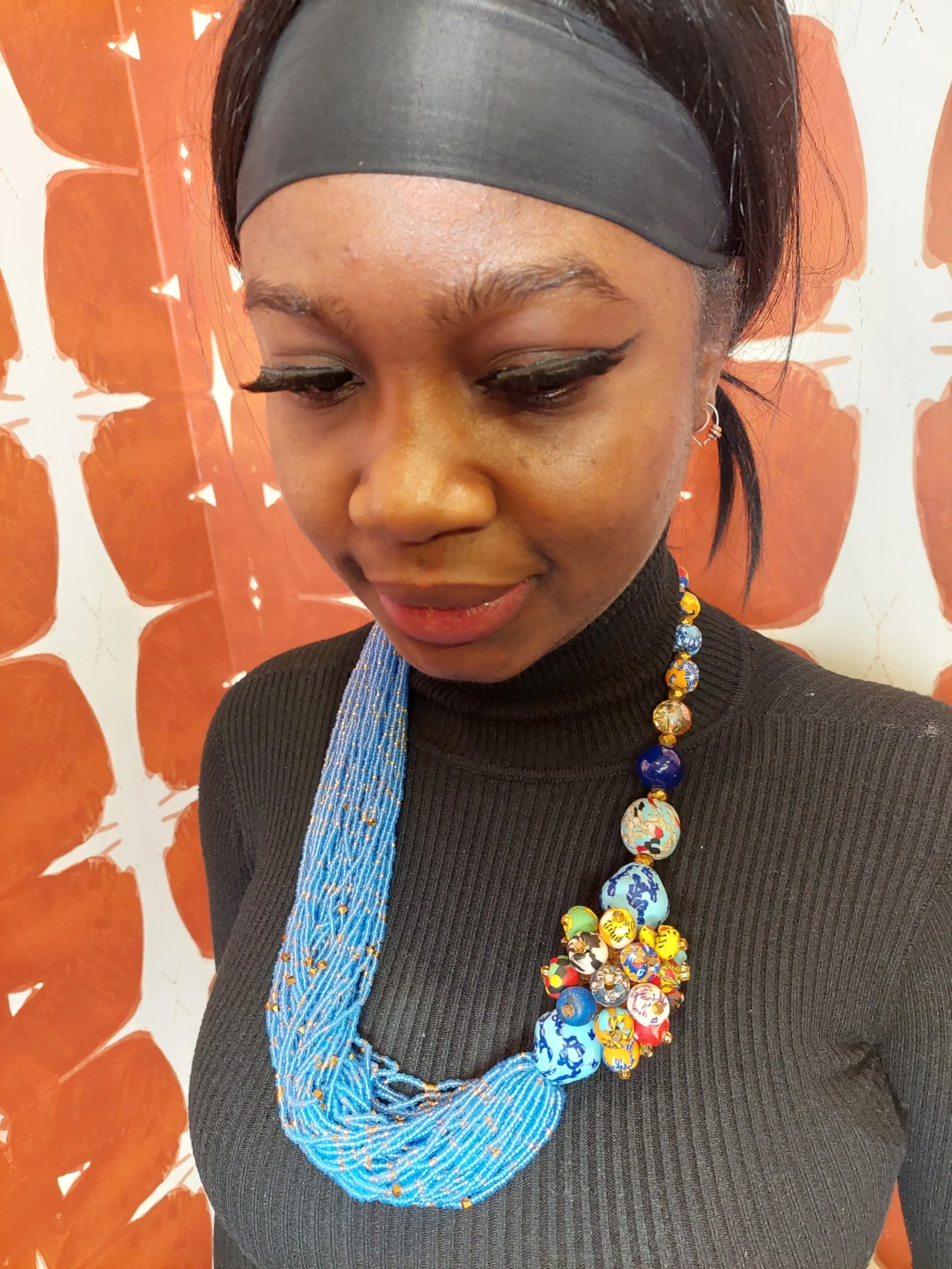 African Trade Beads Statement Blue Necklace