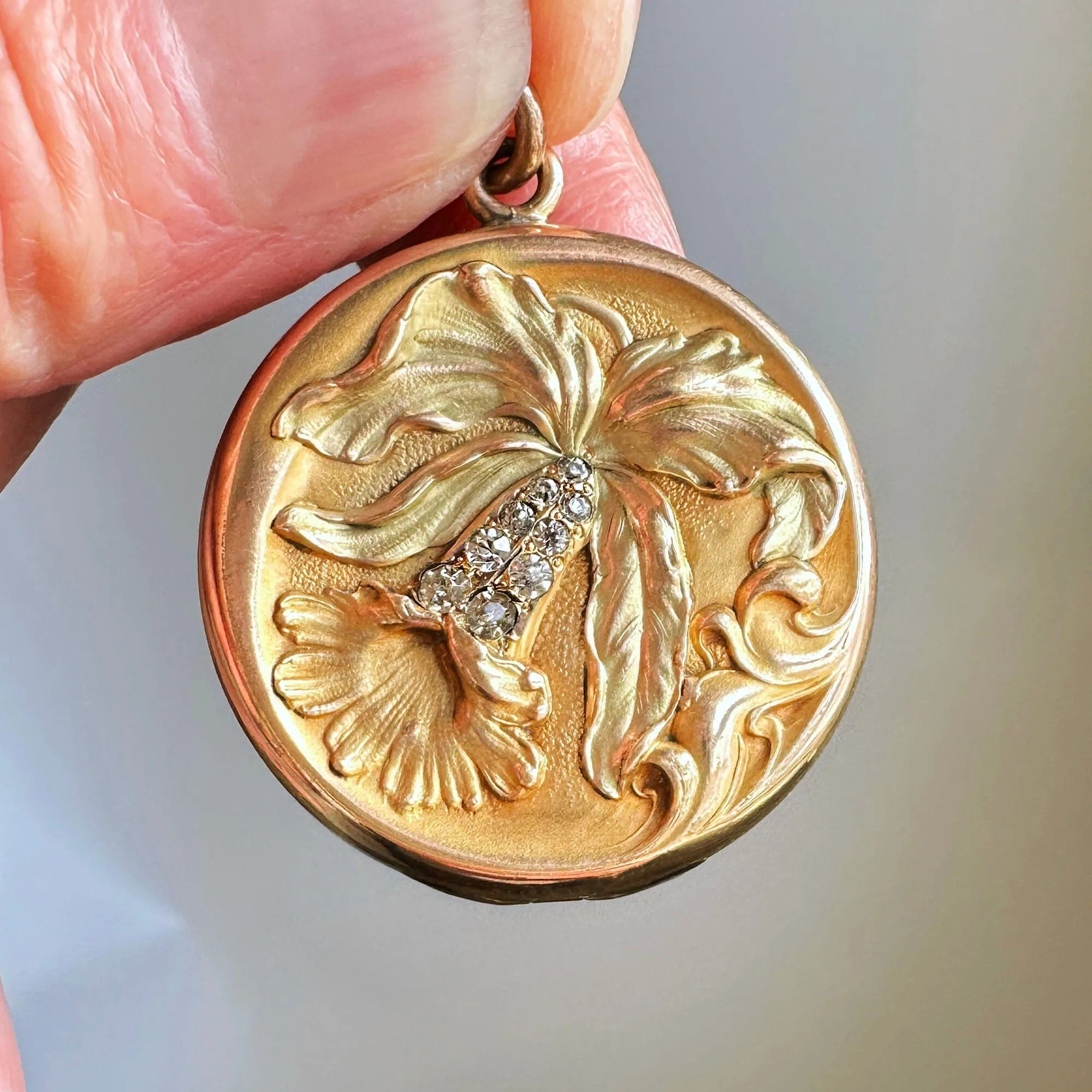 Antique Art Nouveau Bluebell Flower Paste Gold Filled Locket