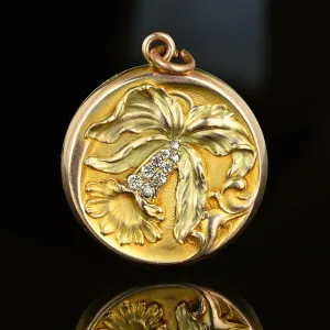 Antique Art Nouveau Bluebell Flower Paste Gold Filled Locket
