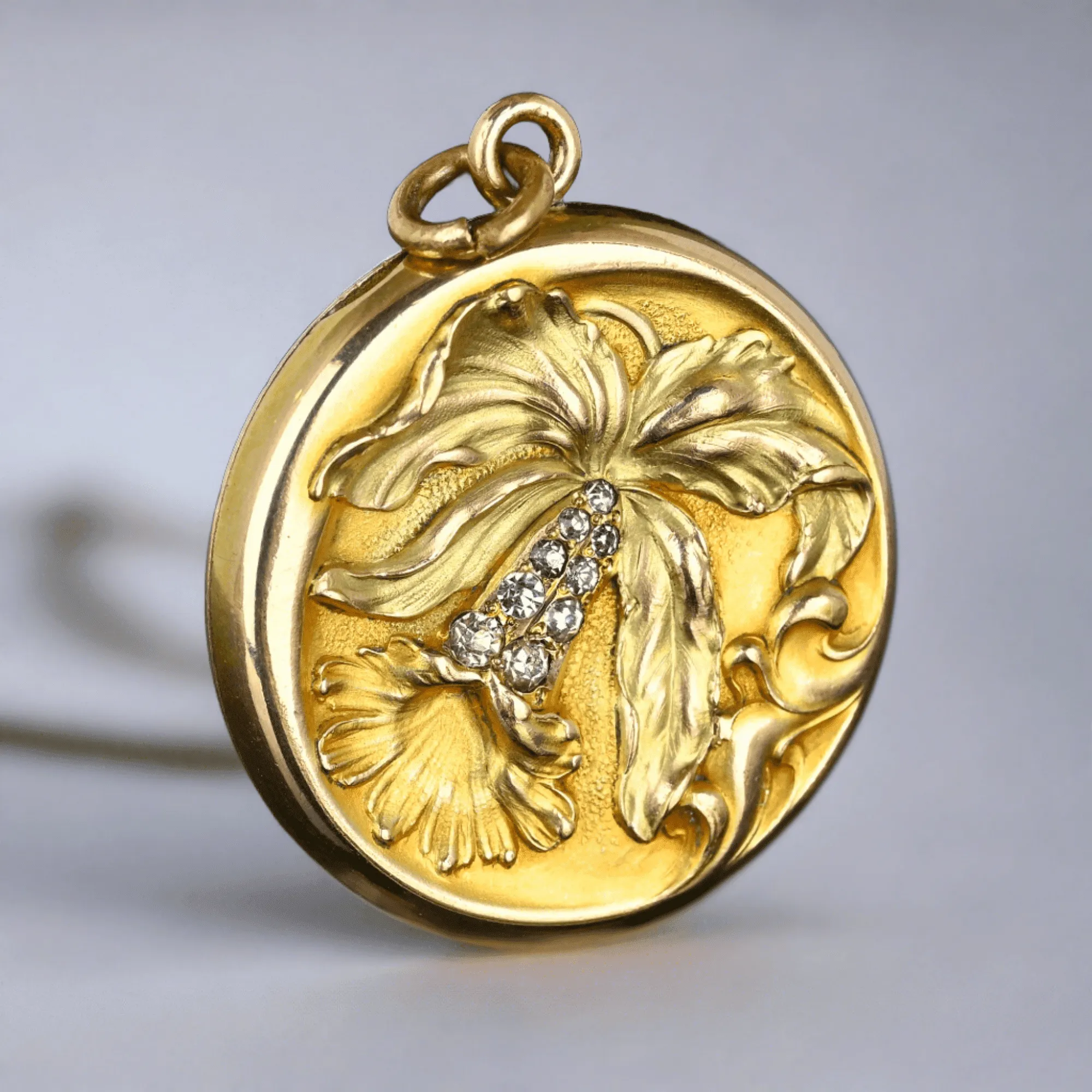 Antique Art Nouveau Bluebell Flower Paste Gold Filled Locket