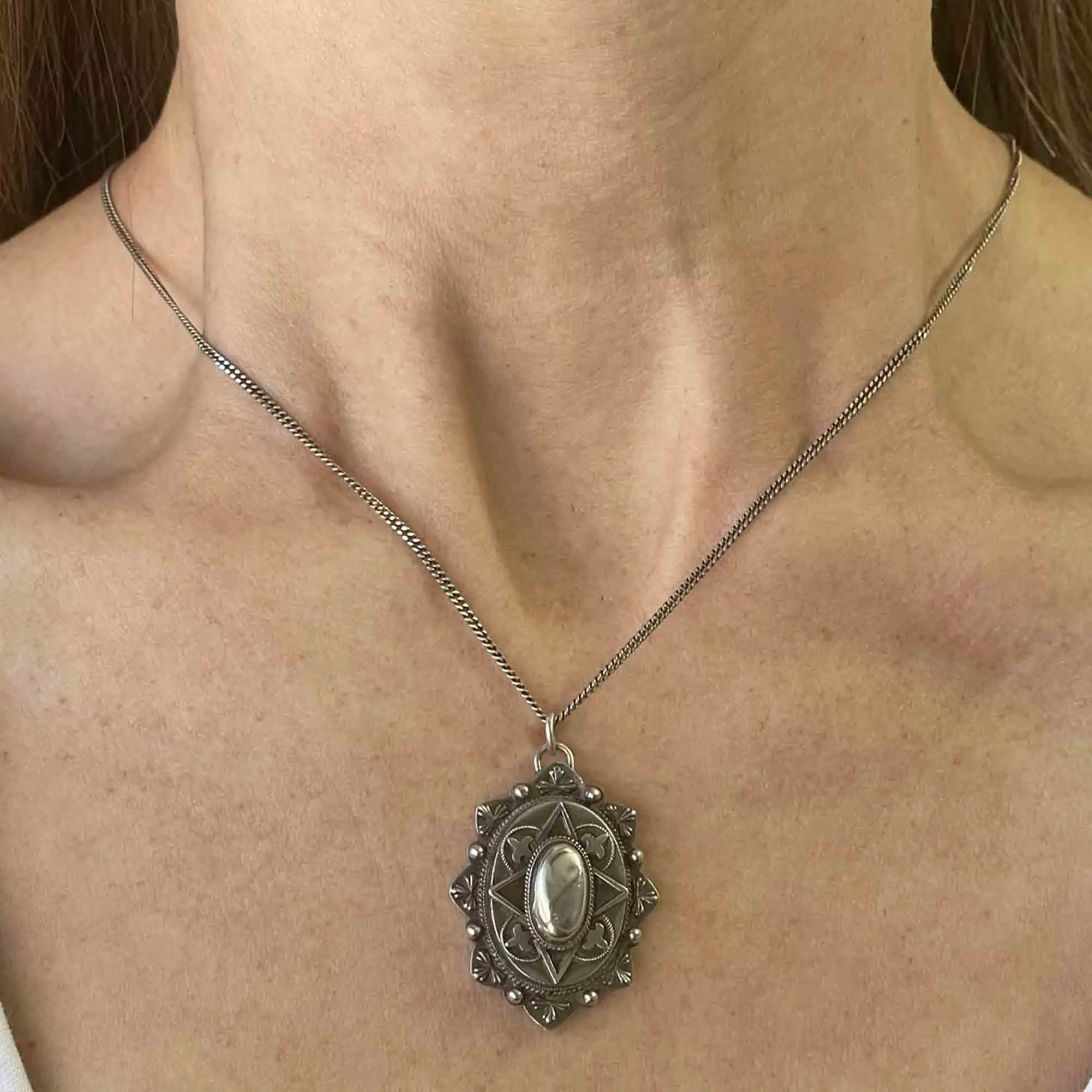 Antique Sterling Silver Victorian Mourning Locket Necklace