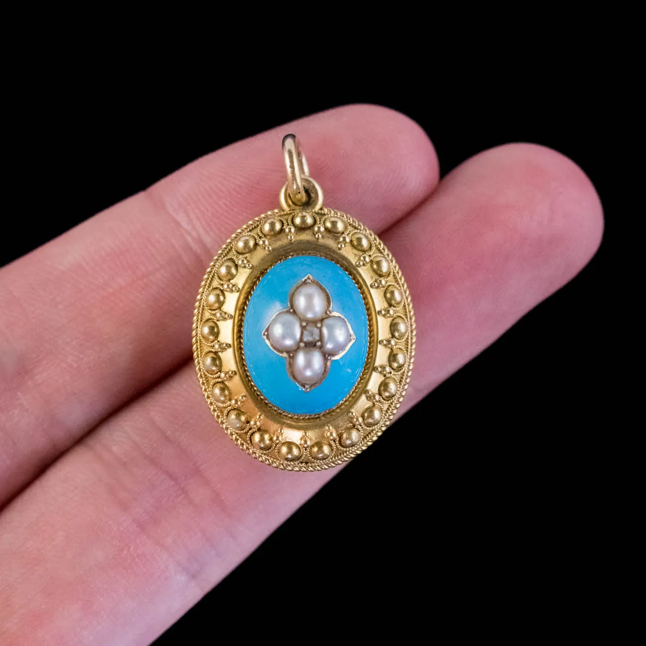 Antique Victorian Etruscan Revival Blue Enamel Pearl Mourning Locket 18Ct Gold Circa 1860