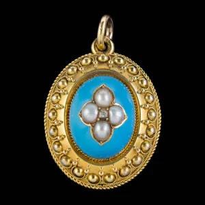 Antique Victorian Etruscan Revival Blue Enamel Pearl Mourning Locket 18Ct Gold Circa 1860