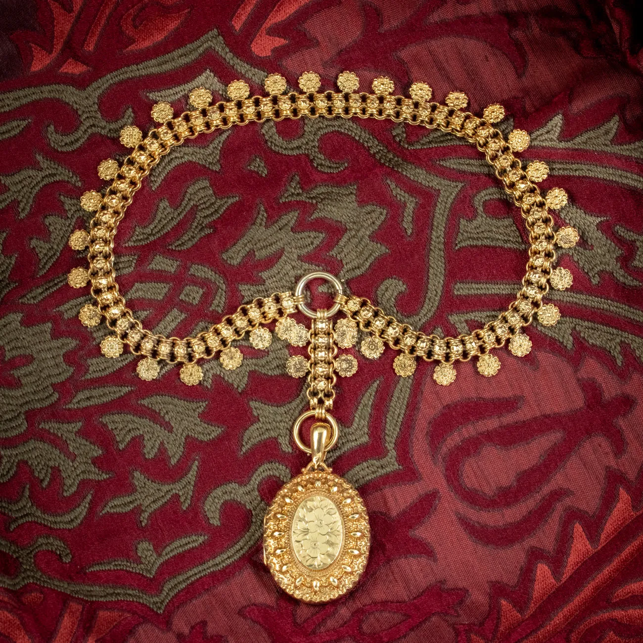 Antique Victorian Floral Locket And Collar Necklace Silver 18ct Gold Gilt