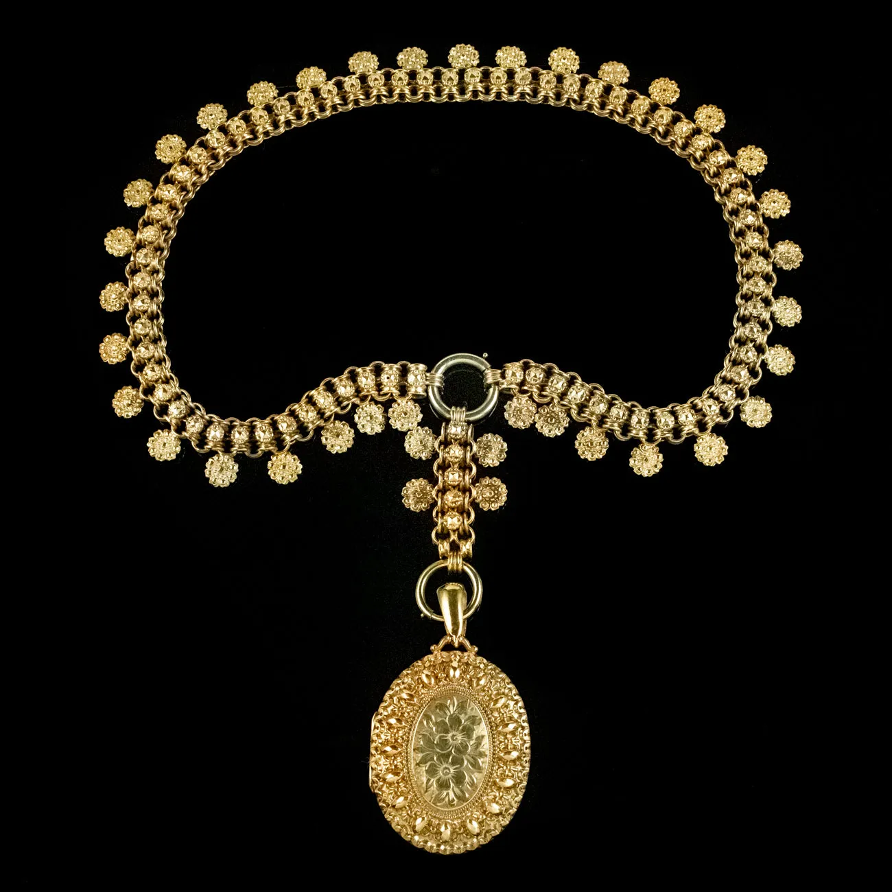 Antique Victorian Floral Locket And Collar Necklace Silver 18ct Gold Gilt
