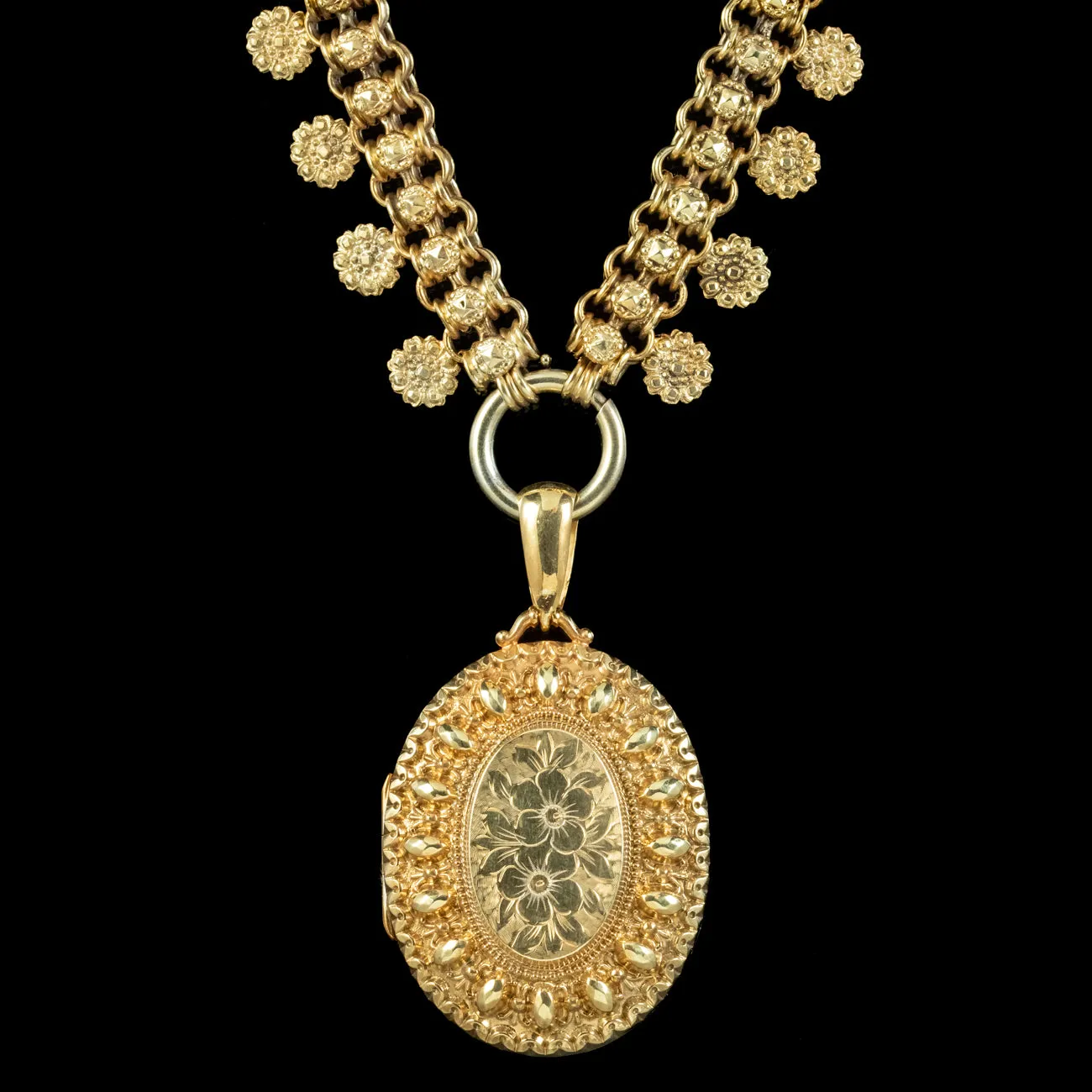 Antique Victorian Floral Locket And Collar Necklace Silver 18ct Gold Gilt