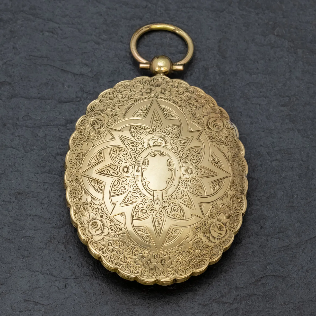Antique Victorian Large Engraved Locket 9Ct Gold Silver Circa 1850