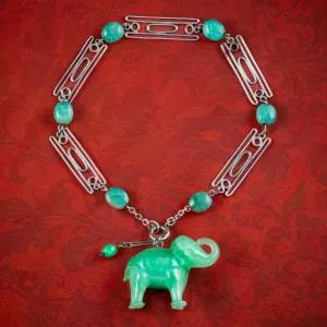 Art Deco Jade Elephant Charm Bracelet Silver