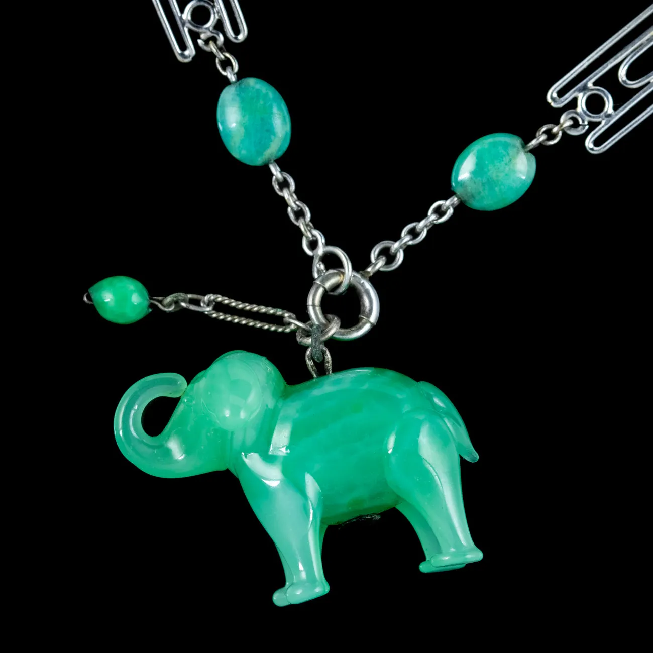 Art Deco Jade Elephant Charm Bracelet Silver