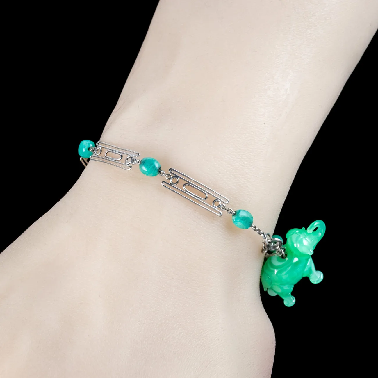 Art Deco Jade Elephant Charm Bracelet Silver