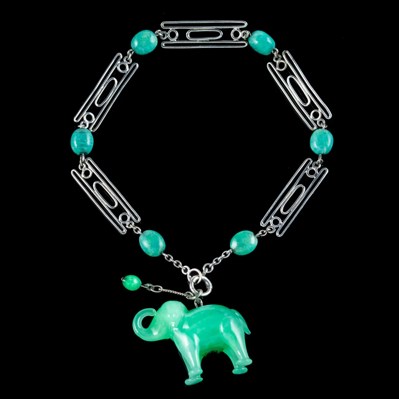 Art Deco Jade Elephant Charm Bracelet Silver
