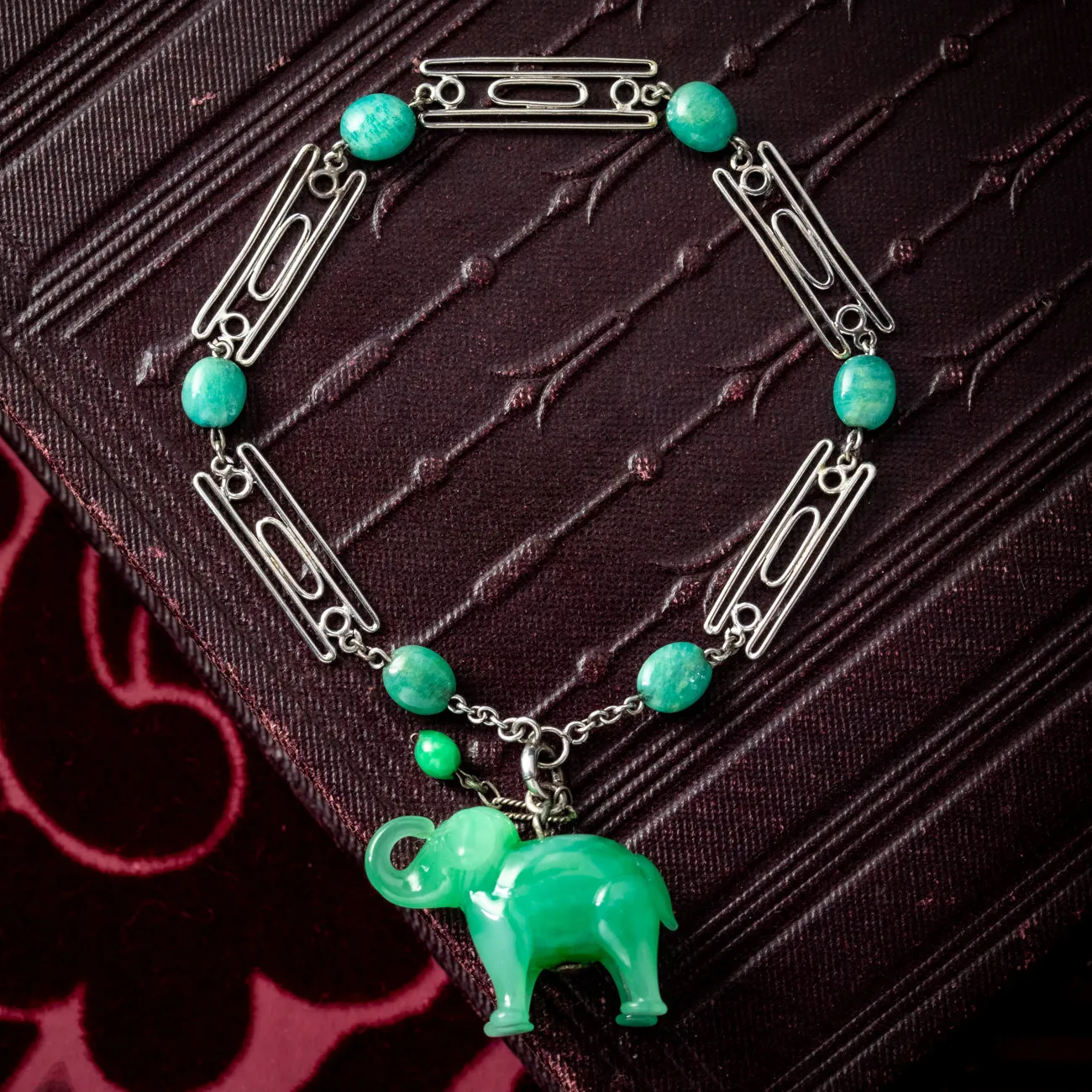Art Deco Jade Elephant Charm Bracelet Silver