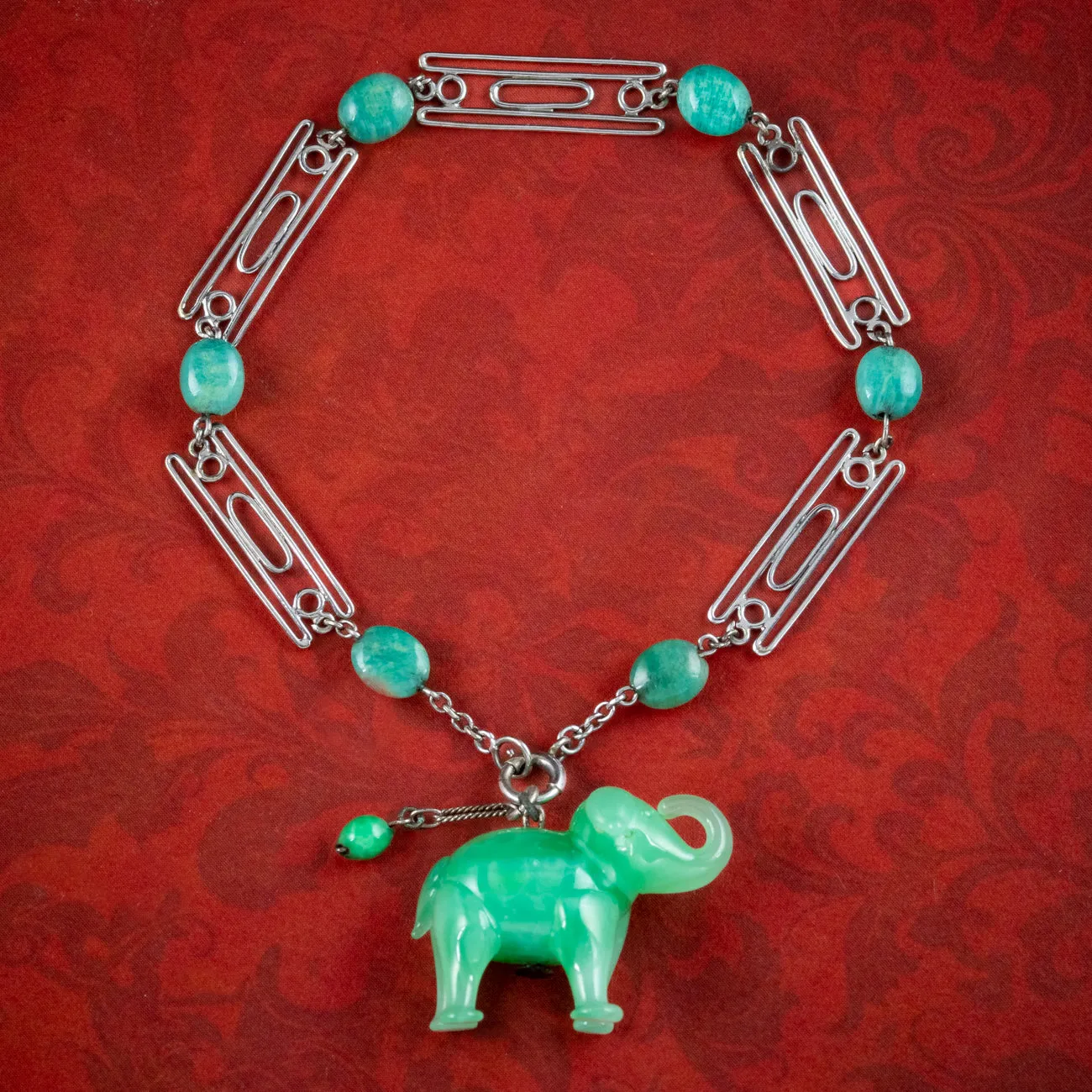 Art Deco Jade Elephant Charm Bracelet Silver