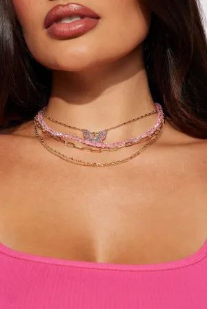 Beaded Butterfly Layered Necklace  - Gold/Pink