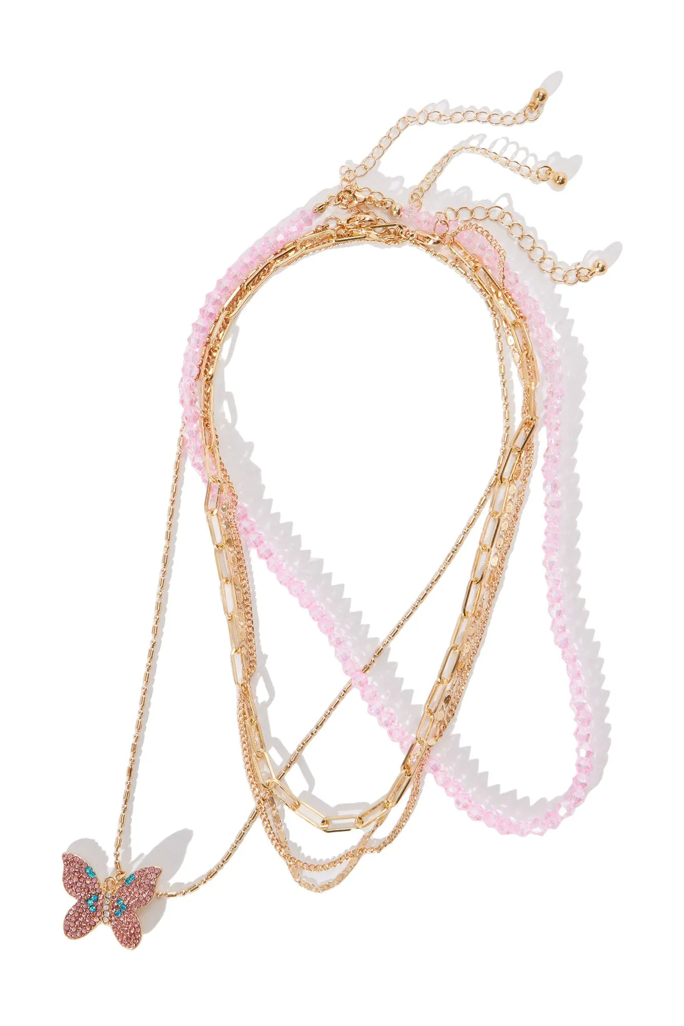 Beaded Butterfly Layered Necklace  - Gold/Pink