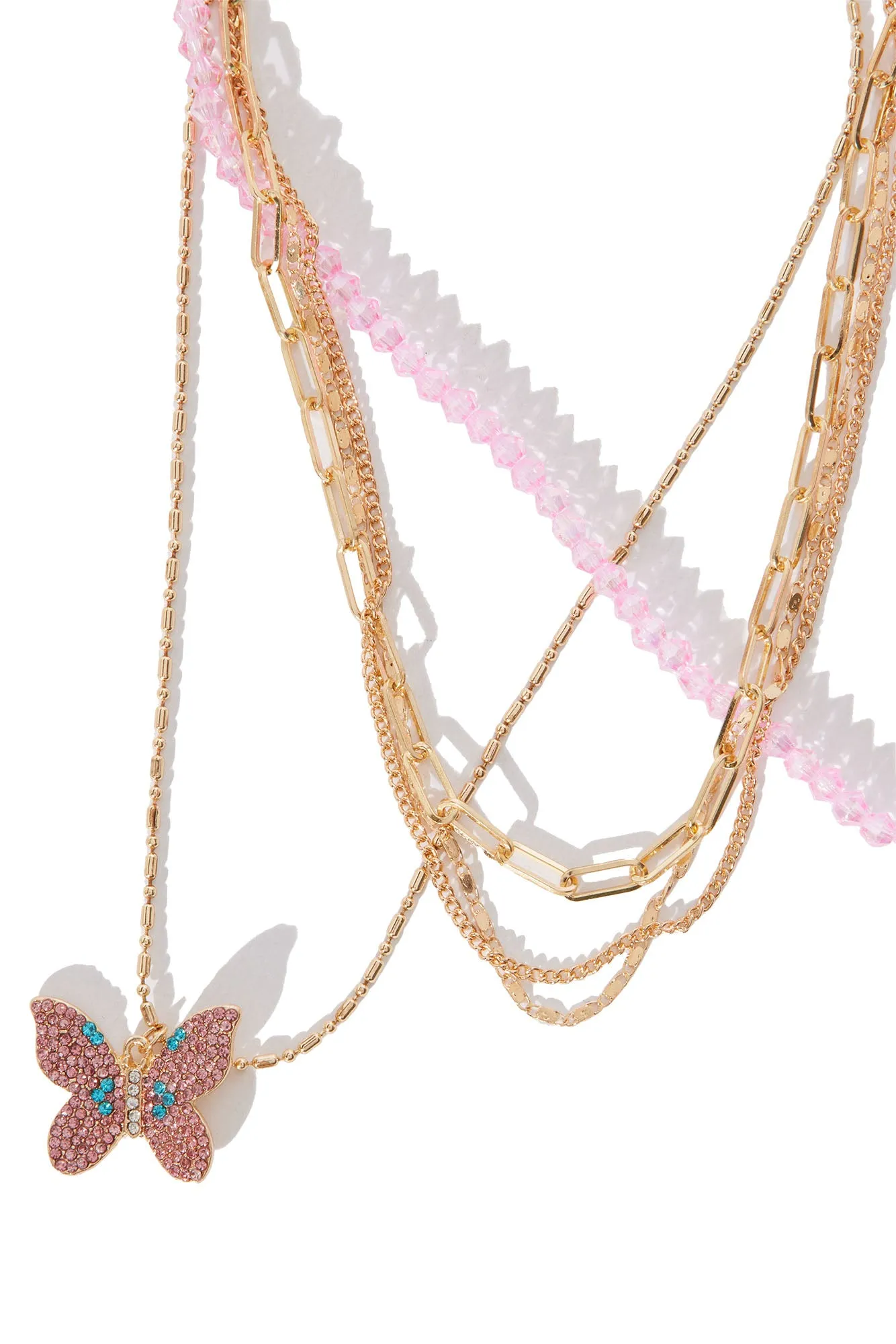 Beaded Butterfly Layered Necklace  - Gold/Pink