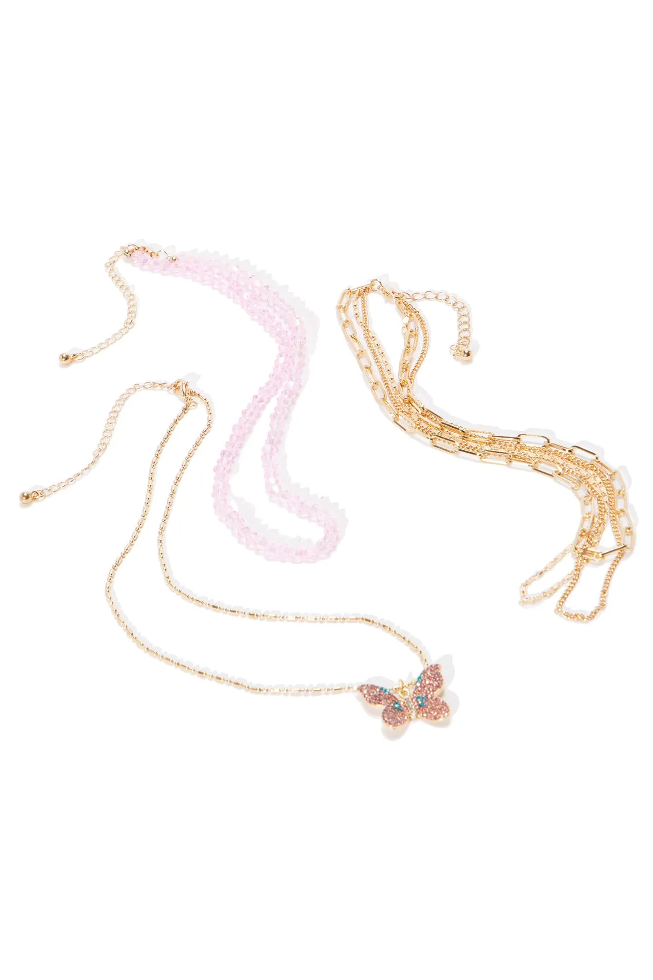 Beaded Butterfly Layered Necklace  - Gold/Pink