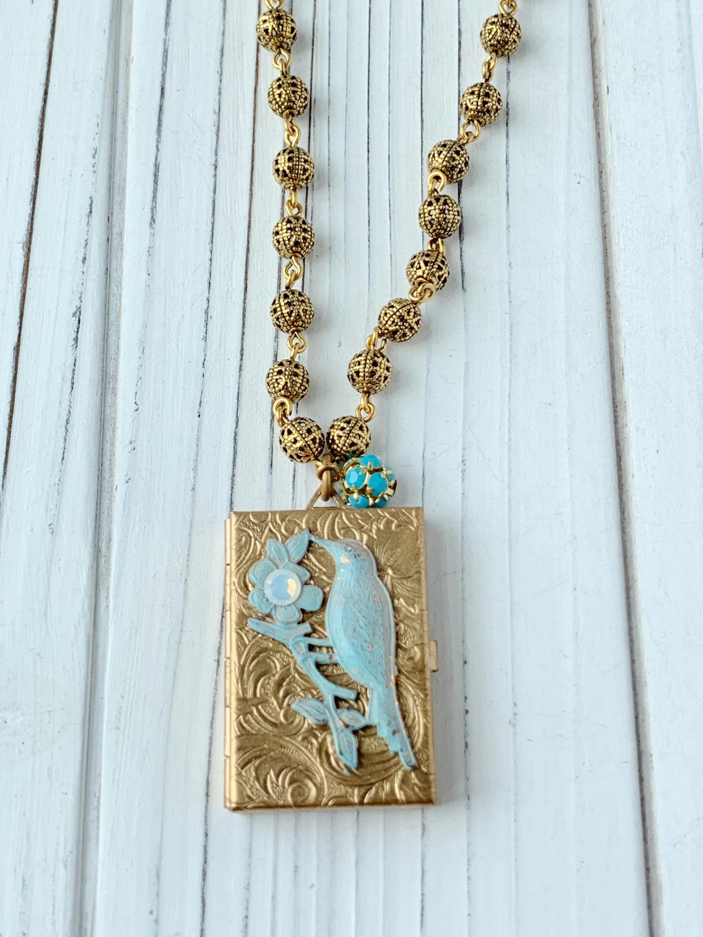 Bird Book Locket Charm Necklace - Choice of 3 Color Options