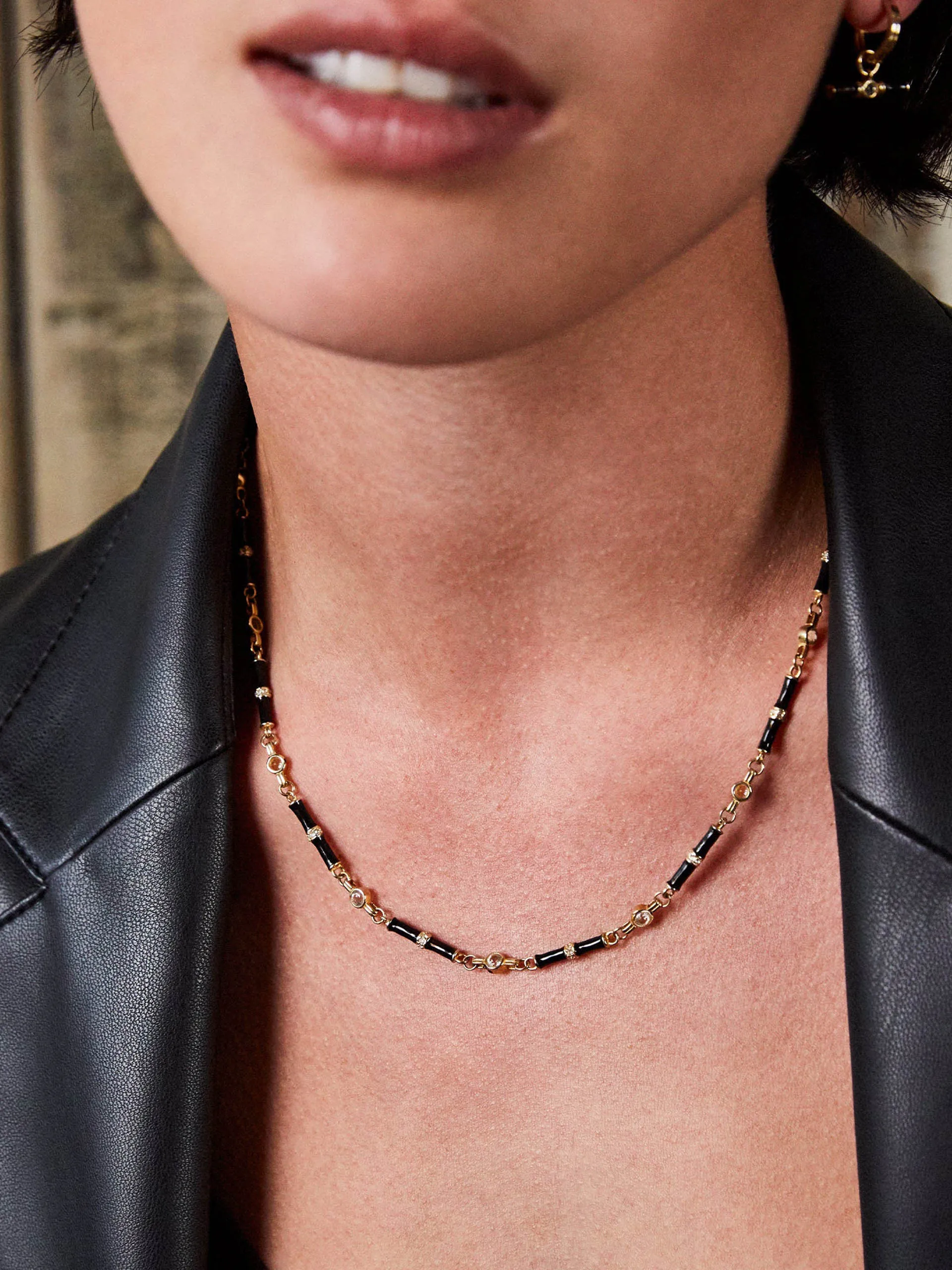 Black enamel Marlowe necklace with white topaz