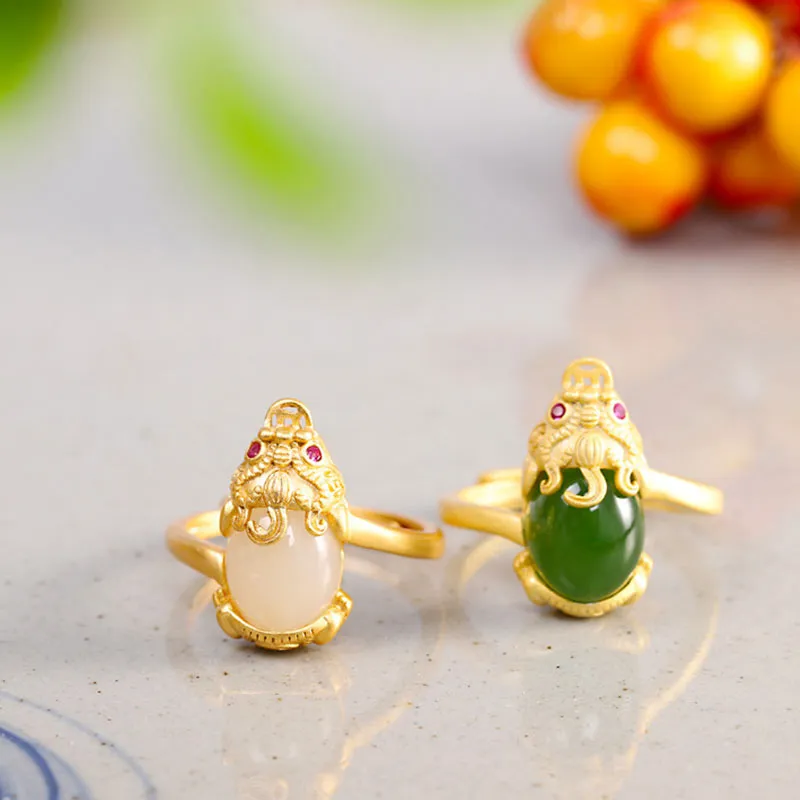 Buddha Stones 18k Gold-plated Pixiu Jade Wealth Ring