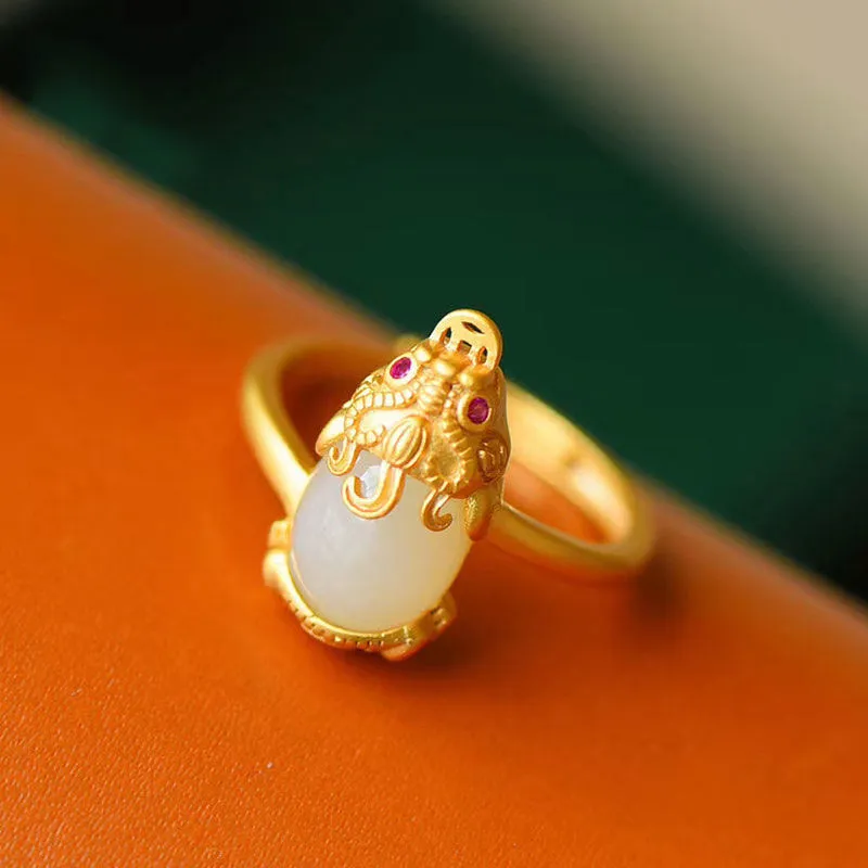 Buddha Stones 18k Gold-plated Pixiu Jade Wealth Ring