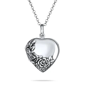Carved Flower Roses Photo Heart Shape Locket Hold Pictures .925 Silver
