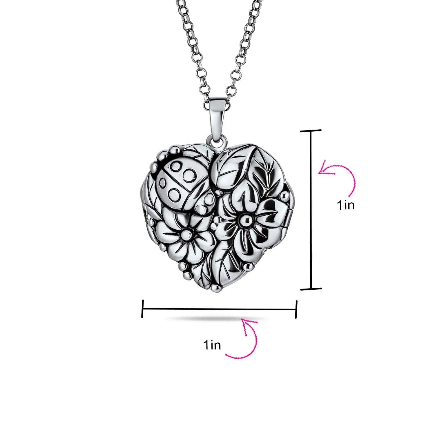 Carved Flower Roses Photo Heart Shape Locket Hold Pictures .925 Silver