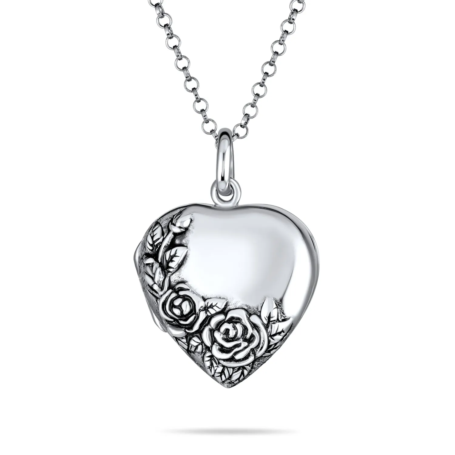 Carved Flower Roses Photo Heart Shape Locket Hold Pictures .925 Silver