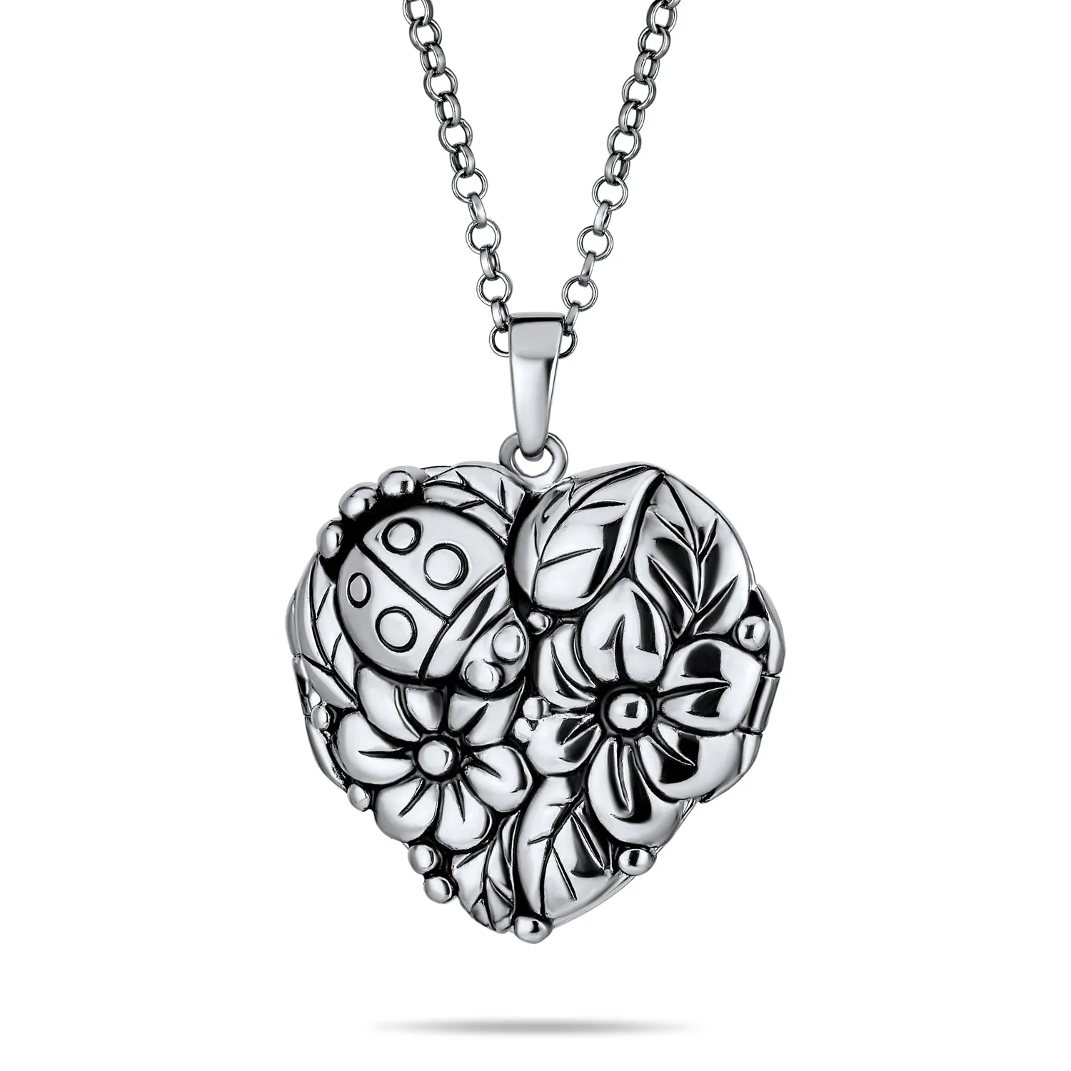 Carved Flower Roses Photo Heart Shape Locket Hold Pictures .925 Silver