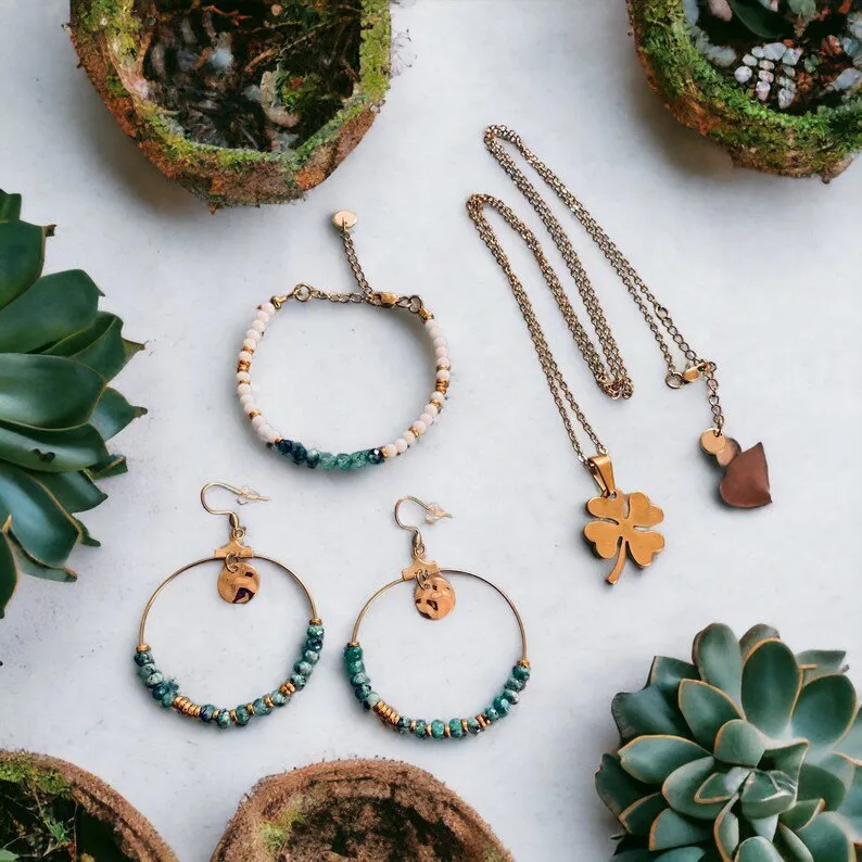 Clover Hoop Jewelry Set | Jade and Gold Pearl Bracelet | Pearl Bracelet | Gift idea for Women | Gift Jewelry