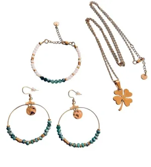 Clover Hoop Jewelry Set | Jade and Gold Pearl Bracelet | Pearl Bracelet | Gift idea for Women | Gift Jewelry