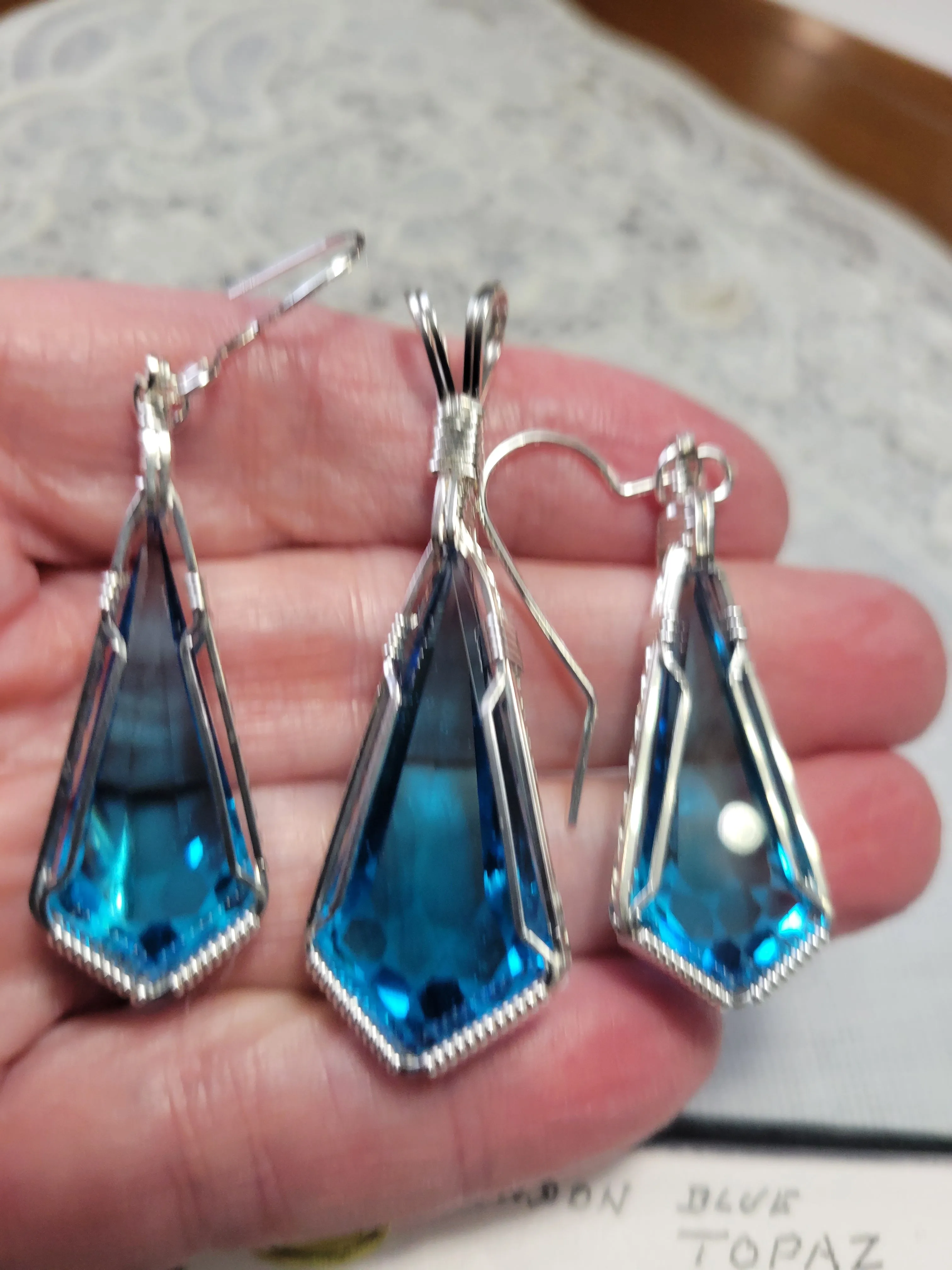 Custom Wire Wrapped Faceted London Blue Topaz Set: Necklace/Pendant Earrings Sterling Silver