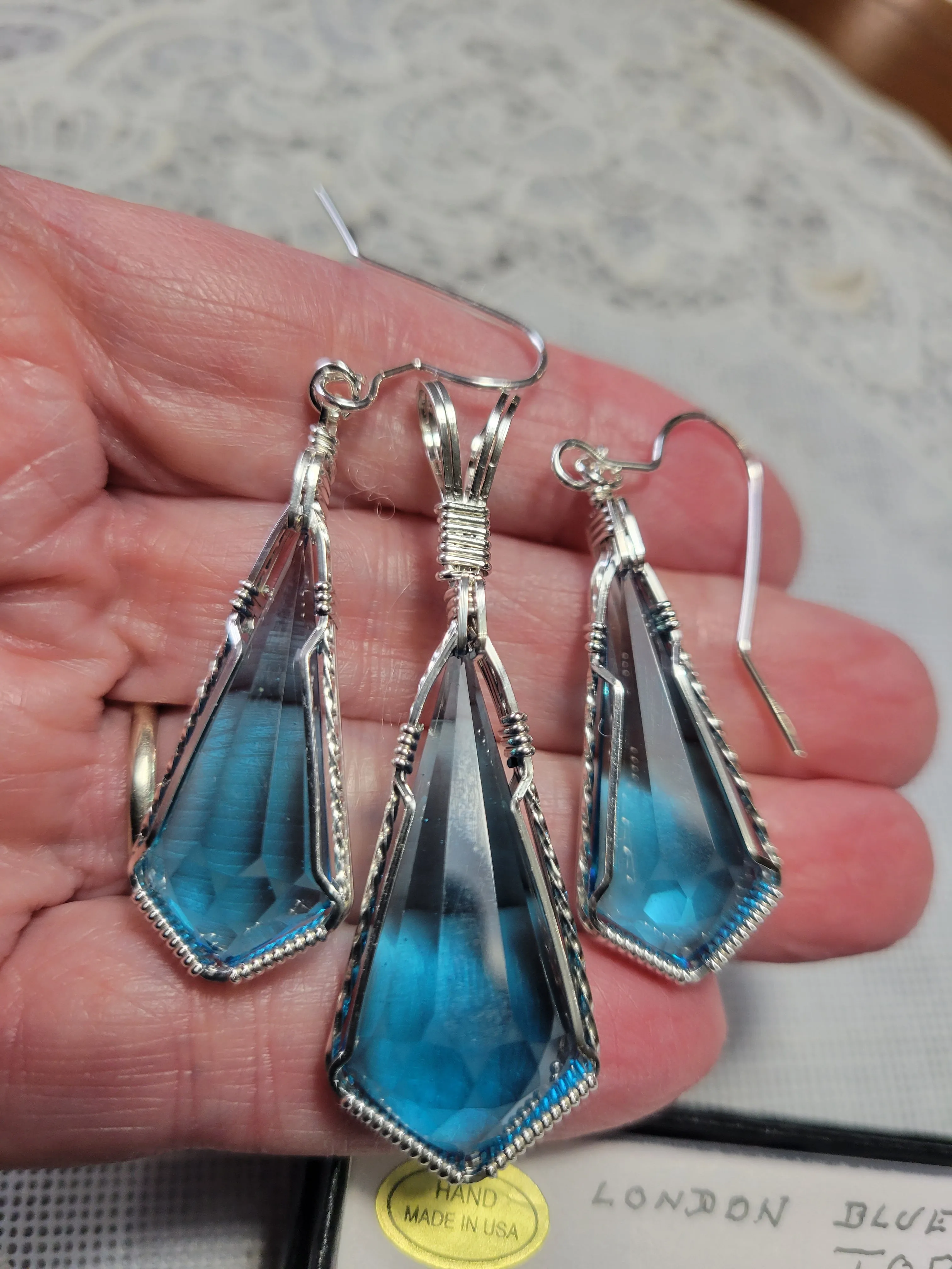 Custom Wire Wrapped Faceted London Blue Topaz Set: Necklace/Pendant Earrings Sterling Silver