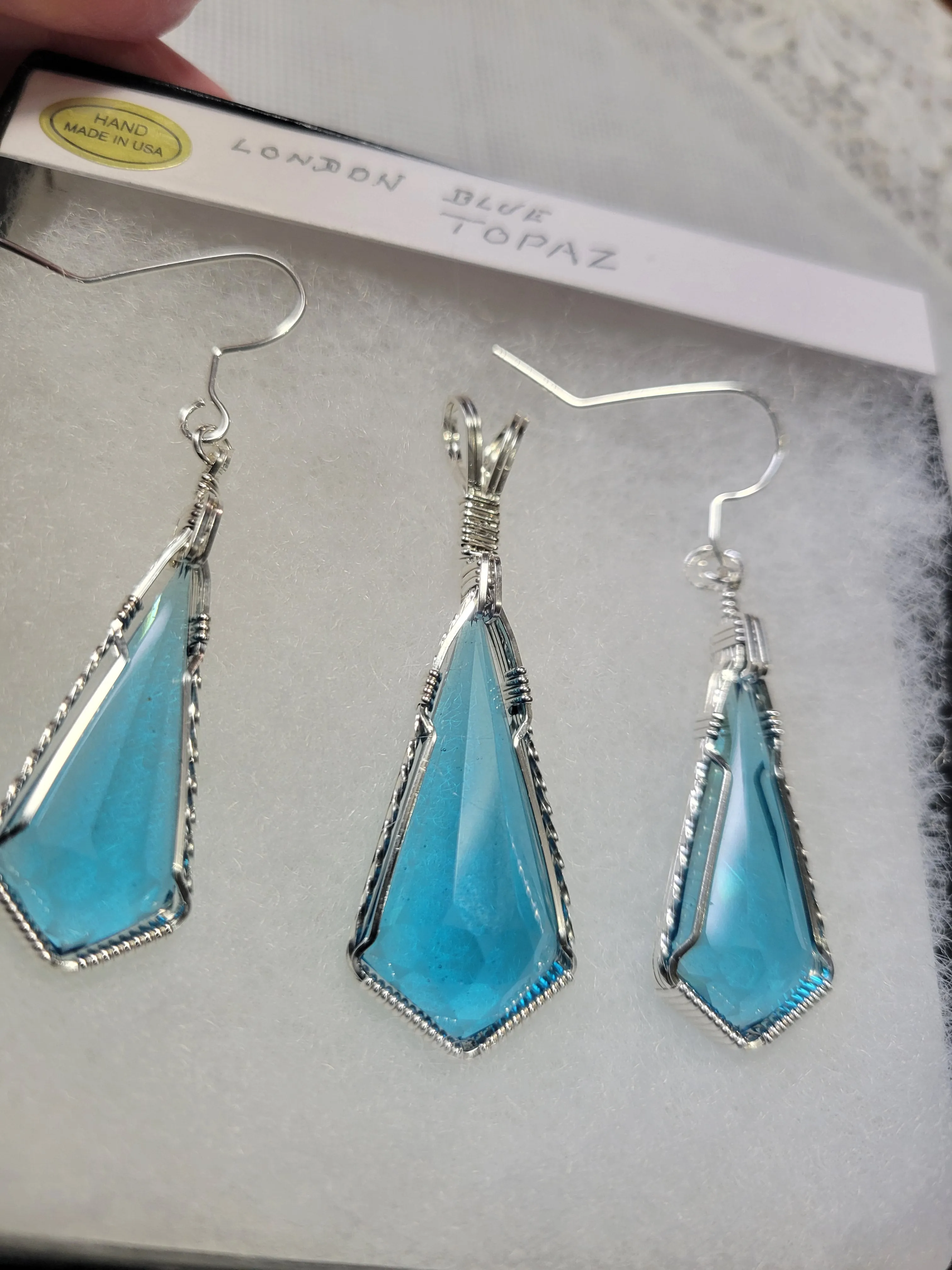 Custom Wire Wrapped Faceted London Blue Topaz Set: Necklace/Pendant Earrings Sterling Silver