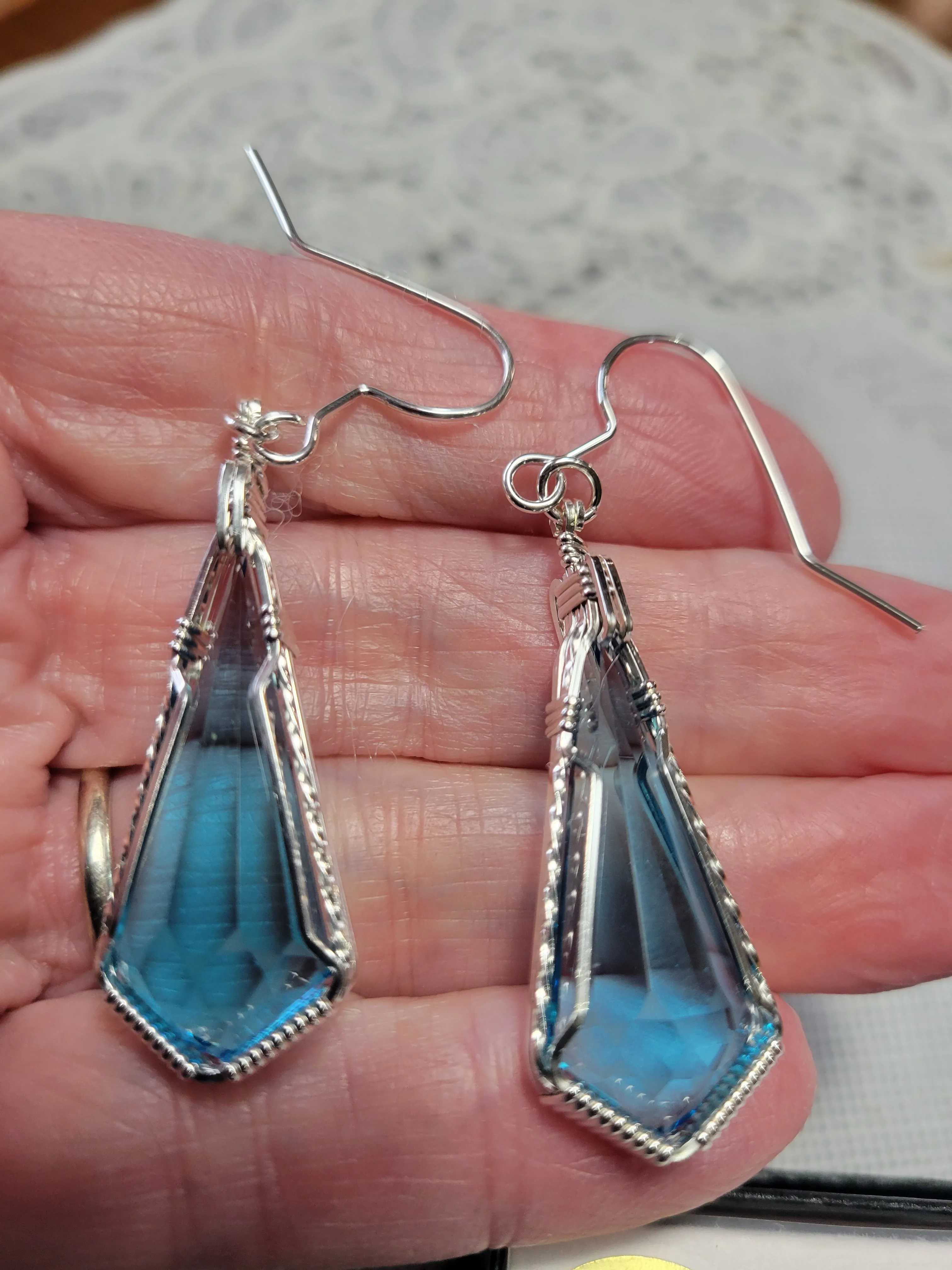 Custom Wire Wrapped Faceted London Blue Topaz Set: Necklace/Pendant Earrings Sterling Silver