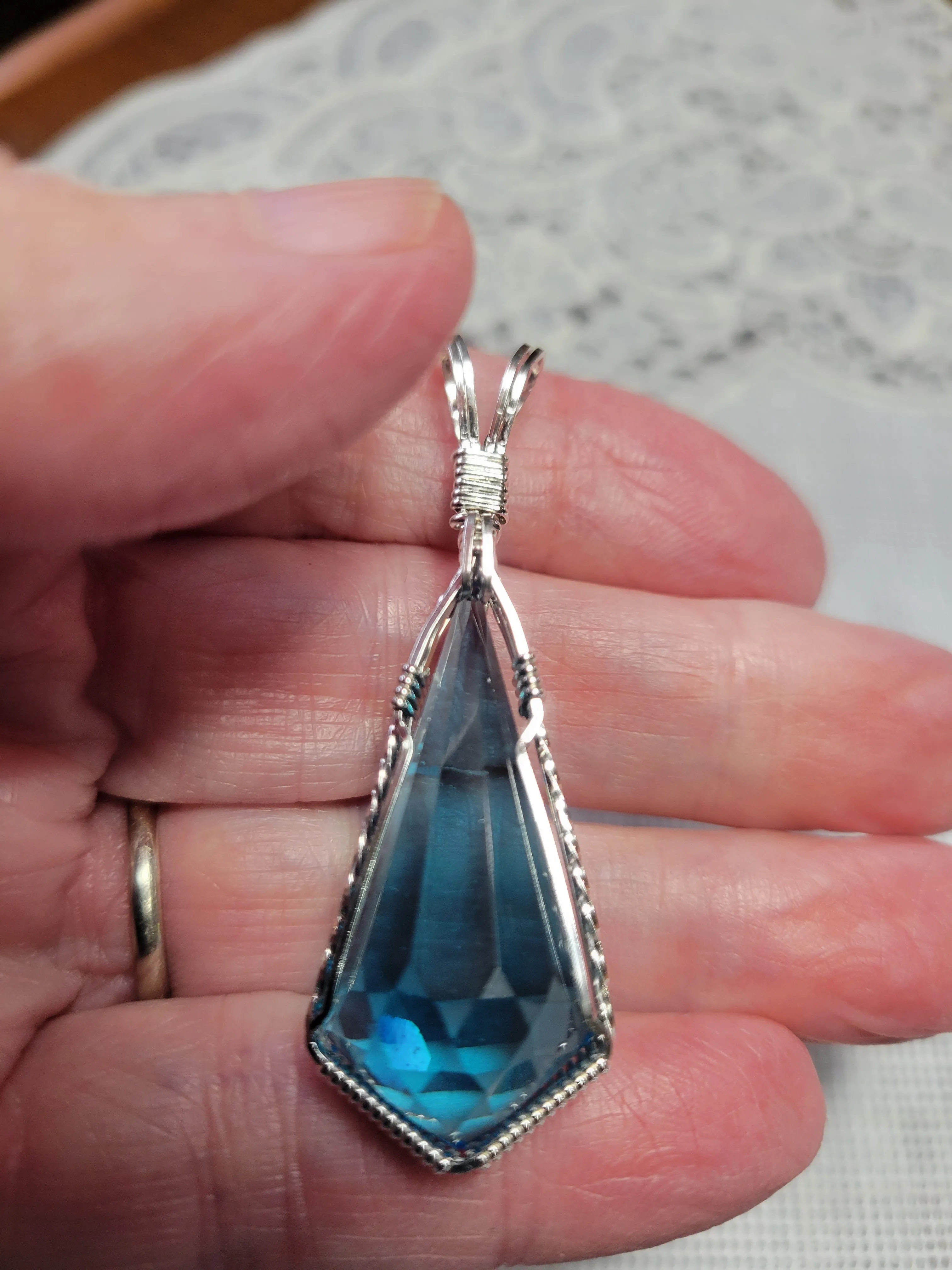 Custom Wire Wrapped Faceted London Blue Topaz Set: Necklace/Pendant Earrings Sterling Silver