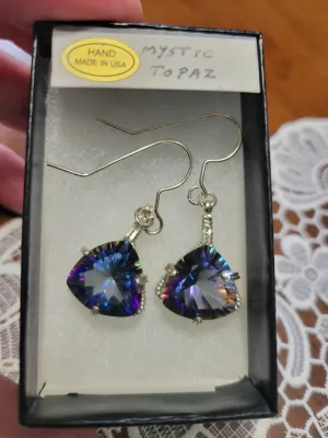 Custom Wire Wrapped Faceted Mystic Topaz Earrings Sterling Silver