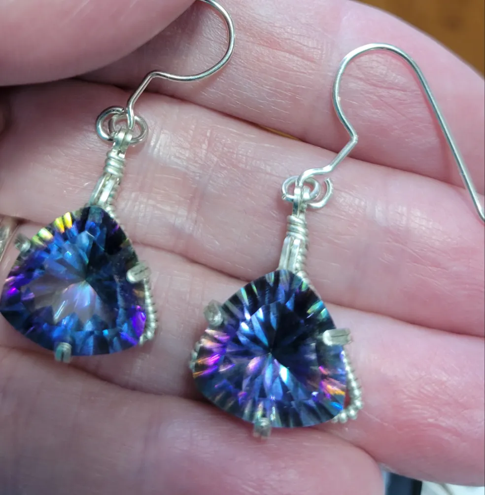 Custom Wire Wrapped Faceted Mystic Topaz Earrings Sterling Silver