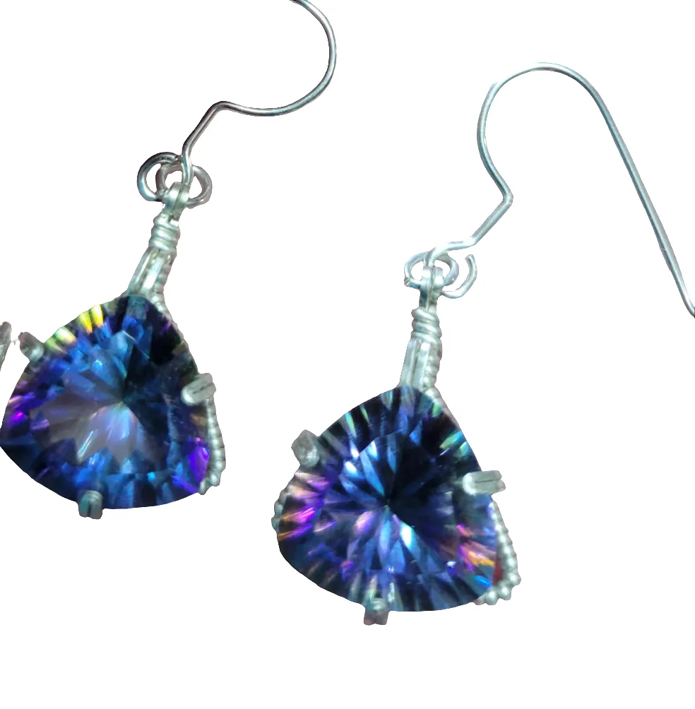 Custom Wire Wrapped Faceted Mystic Topaz Earrings Sterling Silver