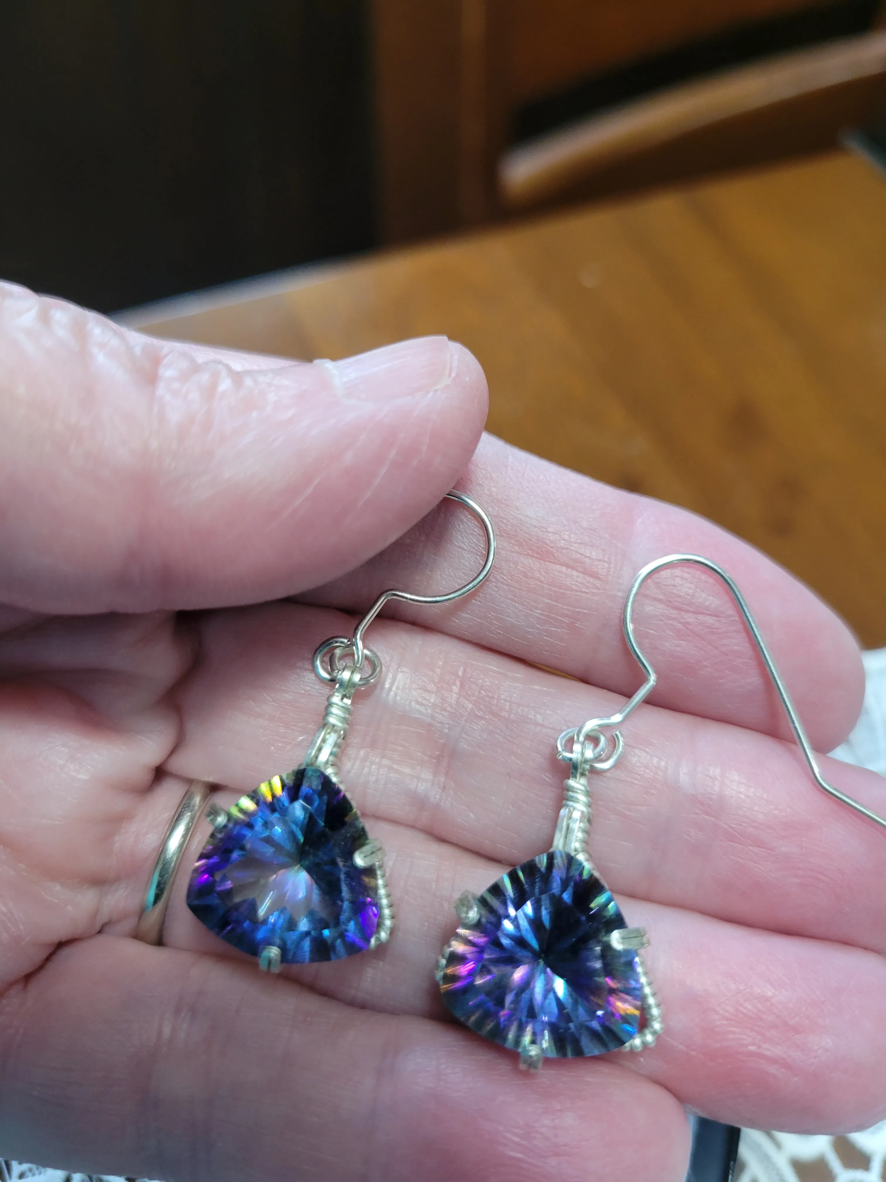 Custom Wire Wrapped Faceted Mystic Topaz Earrings Sterling Silver