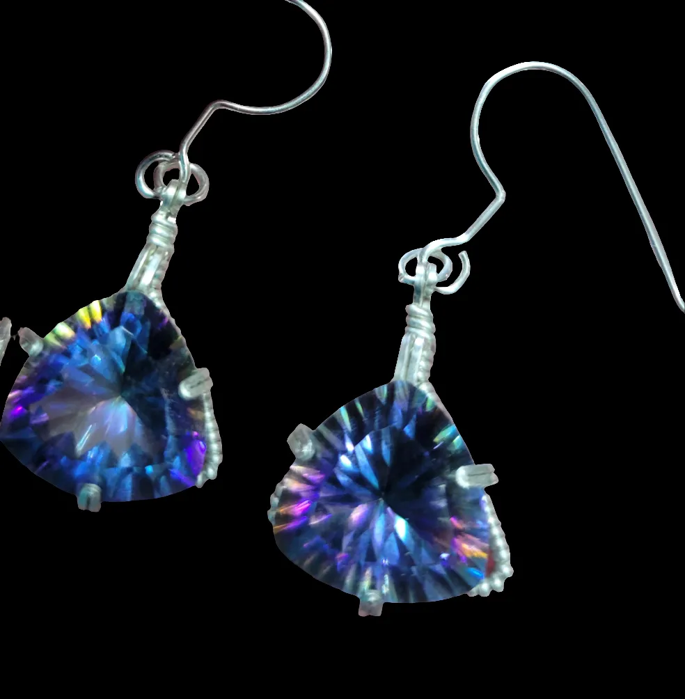 Custom Wire Wrapped Faceted Mystic Topaz Earrings Sterling Silver