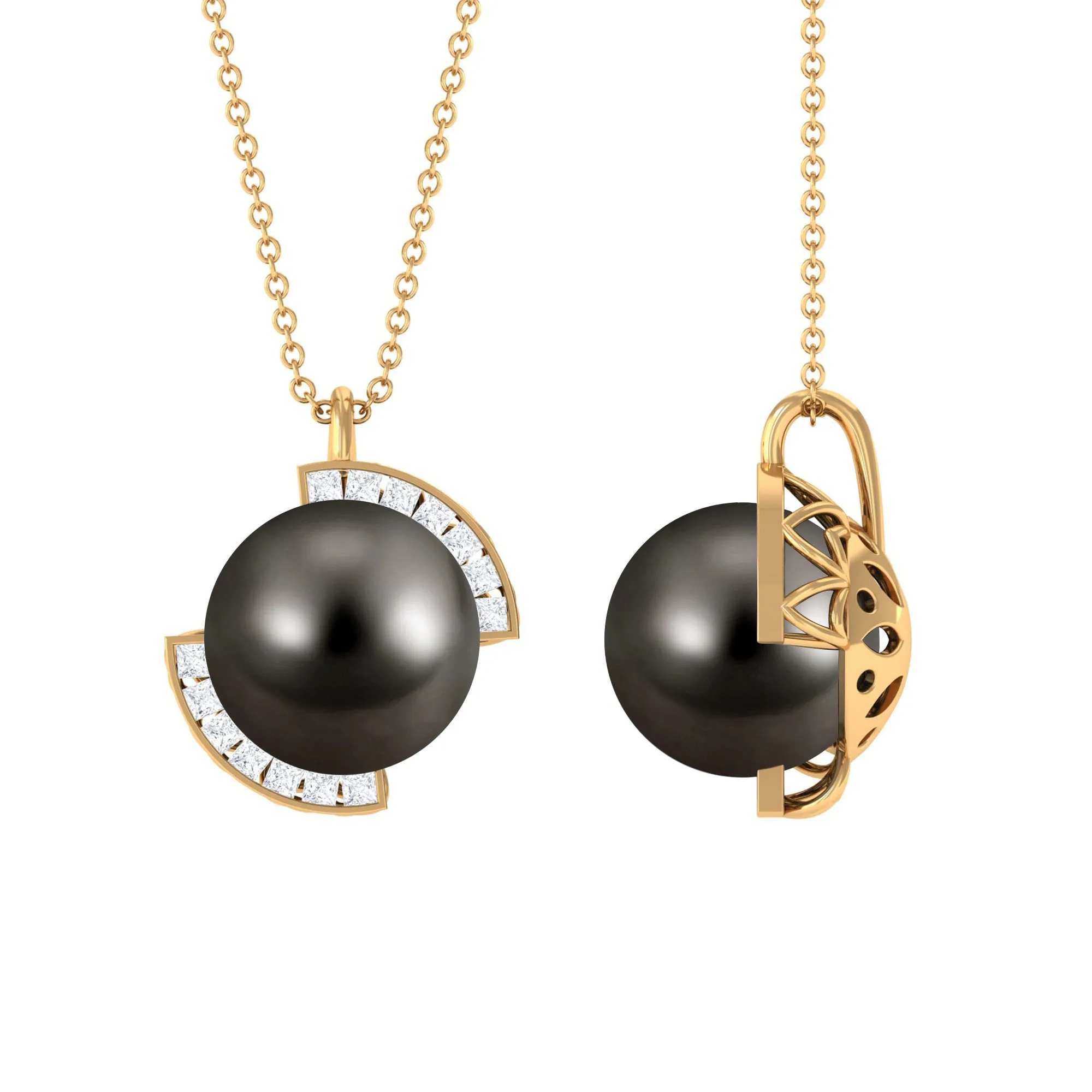 Designer Black Tahitian Pearl Solitaire Pendant with Diamond Accent