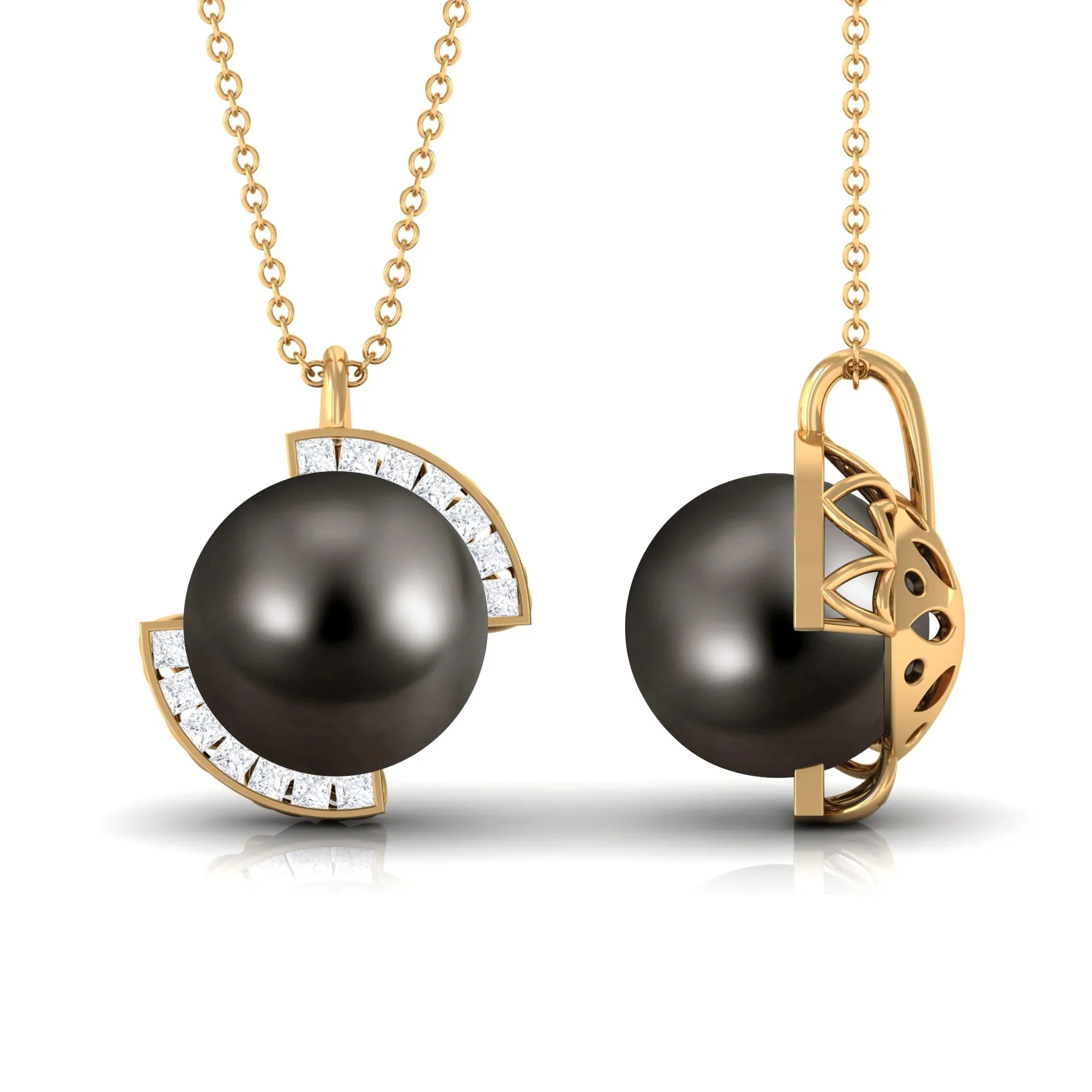 Designer Black Tahitian Pearl Solitaire Pendant with Diamond Accent