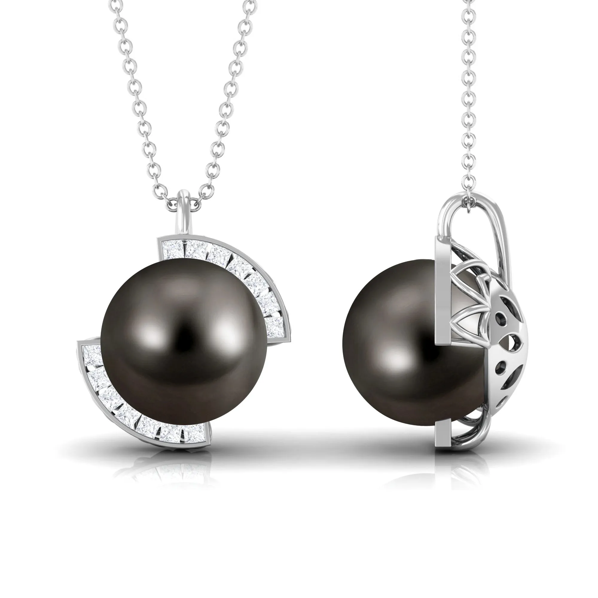 Designer Black Tahitian Pearl Solitaire Pendant with Diamond Accent
