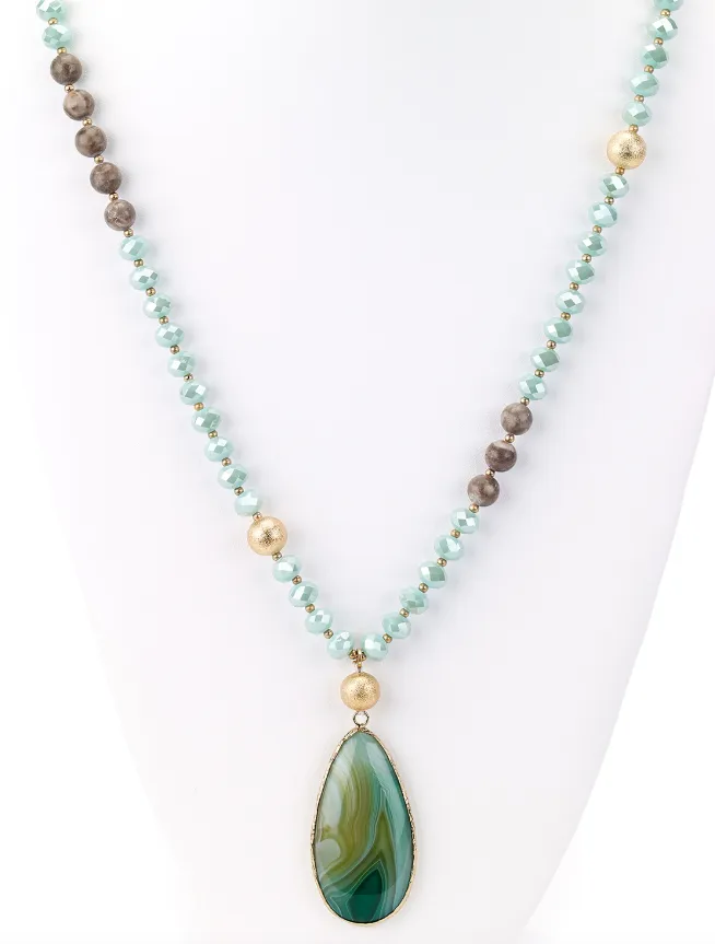 Drop Green Agate Stone Pendant Long Necklace