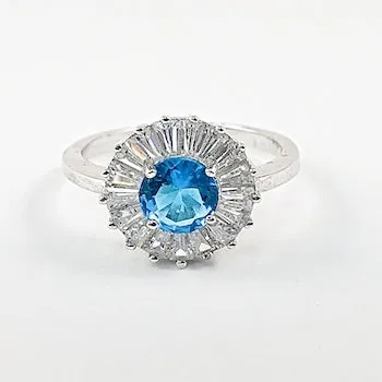 Elegant Round Disc Baguette CZ Frame Center Aquamarine Silver Ring