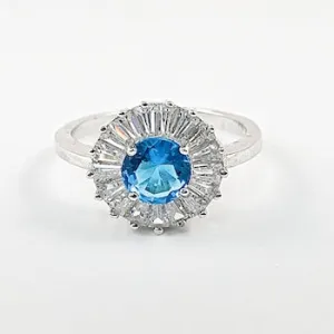 Elegant Round Disc Baguette CZ Frame Center Aquamarine Silver Ring