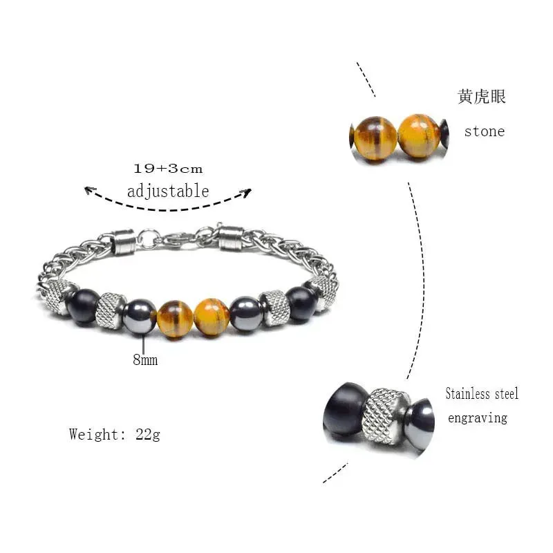Elviragirl Natural Stone Beaded Bracelet For Women Men Stainless Steel Tiger Eye Bracelets Male Jewelry Size Adjustable