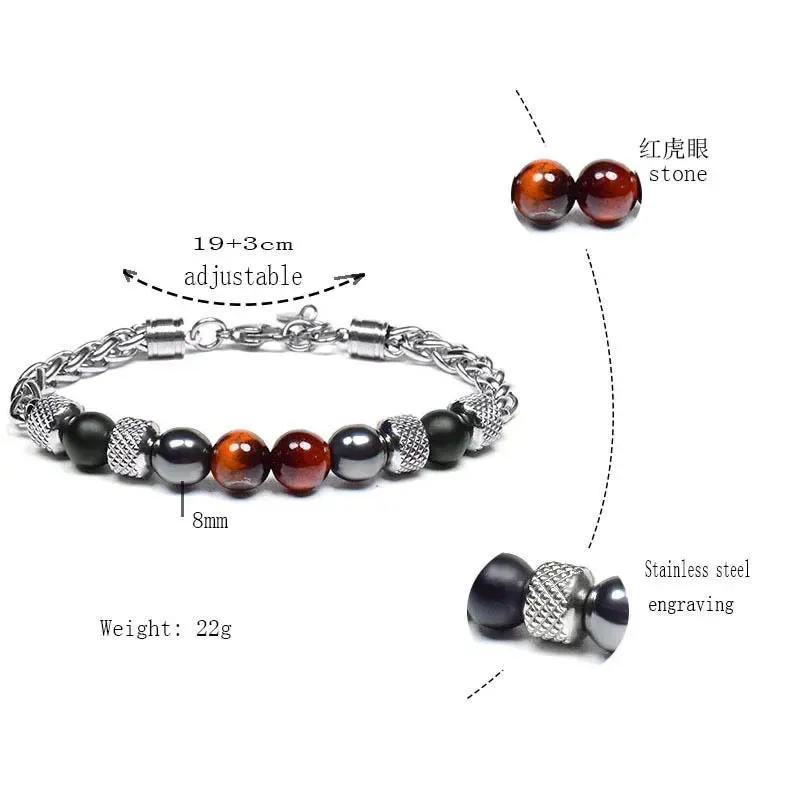 Elviragirl Natural Stone Beaded Bracelet For Women Men Stainless Steel Tiger Eye Bracelets Male Jewelry Size Adjustable
